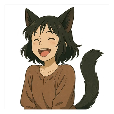 A girl with black fox ears and a tail, green eyes, dark hair, laughing sticker