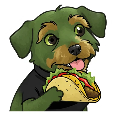 With the colors black, brown, and tan for the fur Create a yorkiepoo doodle dog with a black shirt on eating a taco sticker