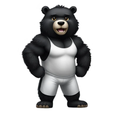 Humanoid muscular tall male fuzzy pitch-black colored black bear, flexing, white sweatpants, upper body shot sticker