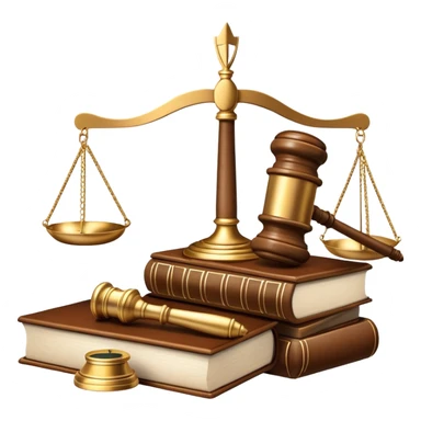 An icon featuring a gavel, scales of justice, and legal books, symbolizing law. The design includes a courthouse building in the background, representing the legal system and justice. Transparent background highlights the authority and structure of the law. sticker