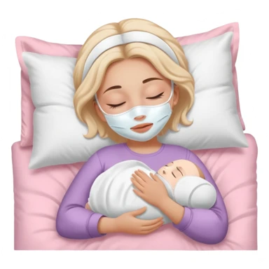 Girl sleeping peacefully with a white beauty face mask on, self care routine. baby pink bedding  sticker