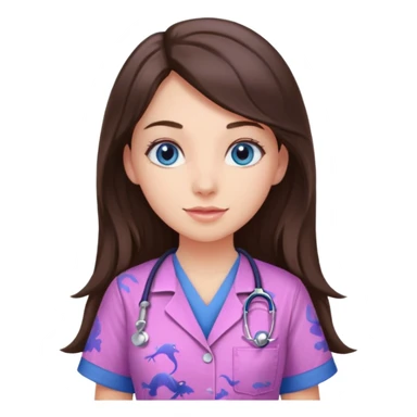 pretty brunette nurse with long hair and blue eyes in pink and purple dinosaur pattern scrubs sticker