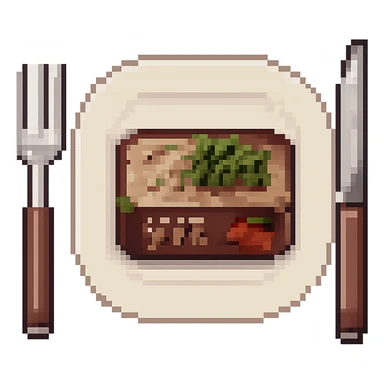 Add a plate under the steak, fork, and knife. Keep the pixel art style with no background. sticker