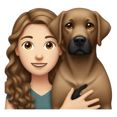 White girl with wavy brown hair holding a black Labrador sticker