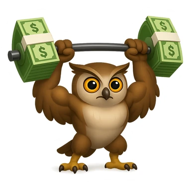 В стилистике эмоджи сгенерируй сову-штангистку. Она с накачанными крыльями пытается поднять штангу, с блинами в виде пачек зеленых купюр, прозрачный фон sticker