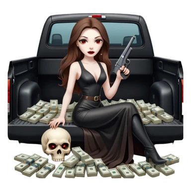 Lilith symbol red eye seductress evil long brown haired sexy succubus woman with leather long dress with slit on, sitting in Big Large F350 pickup truck. Back seat full of stacks of cash, she is  Holding a human skull of her enemies and a gun in other hand sticker