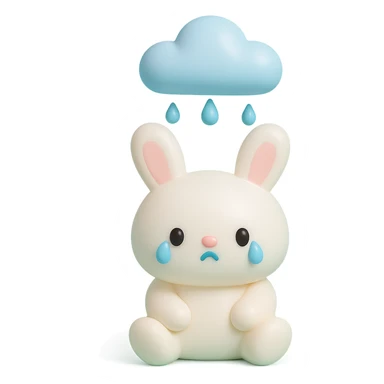 marshmallow bunny sitting with tears under a raincloud, vinyl figure style sticker