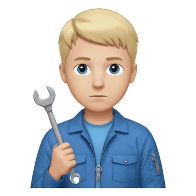 Calm and independent male technician, fair skin, short blonde hair, cool light-blue eyes, serious but composed expression, wearing a blue work jacket over a grey t-shirt, holding a wrench in one hand and a mechanical gear in the other, waist-up, front-facing sticker