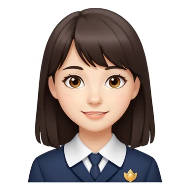 Pretty student with dark brown bangs and long straight hair, elegant school uniform, natural makeup, charming smile sticker