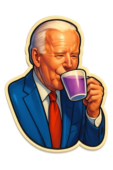 Joe Biden drinking a purple liquid from a white cup sticker