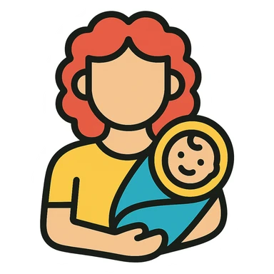 Woman with curly red hair holding a baby, wearing yellow clothing, color outline style, no background. sticker