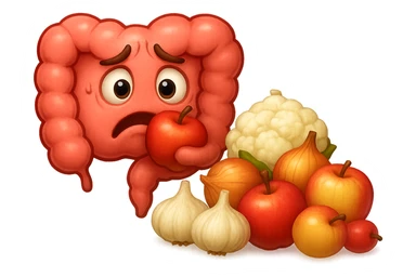EMOJI STILE IPHONE DI UN INTESTINO UMANO IN CRISI PERCHé STA MALE, IN BOCCA HA UNA MELA E DAVANTI A LUI C'è UNA MONTAGNA DI aglio, cipolle, cavolfiore e mele sticker