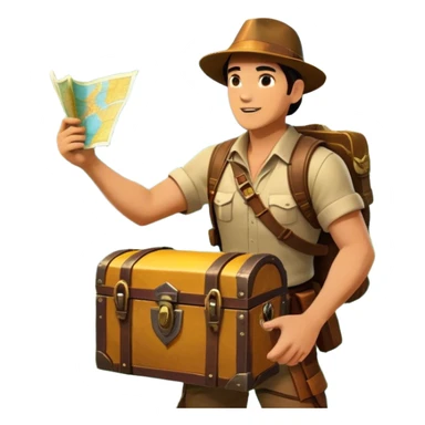 Icon for Adventure Movie: A vibrant, cinematic poster-style design featuring an action-packed scene. Include an adventurer with a map, a treasure chest, a jungle background, a towering mountain, and ancient ruins. Bright colors, bold typography, and an exciting atmosphere. Transparent background. sticker