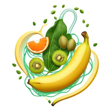 Golden banana, bright green spinach, salmon, kiwi, pistachios, and orange juice floating around a glowing nervous system and heart. Electrical waves connect these potassium-rich foods to nerves, heart and muscles, showing how they support electrical stability in the body. sticker