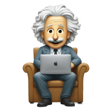 albert einstein happy sitting in the chair with apple macbook sticker