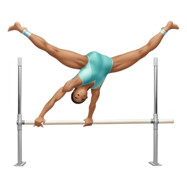 Professional gymnast performing a dynamic routine on parallel bars, captured mid-air in an elegant flip. The background features a well-lit gymnastics arena with a cheering audience. The athlete's posture and expression convey strength, control, and perfect coordination. sticker