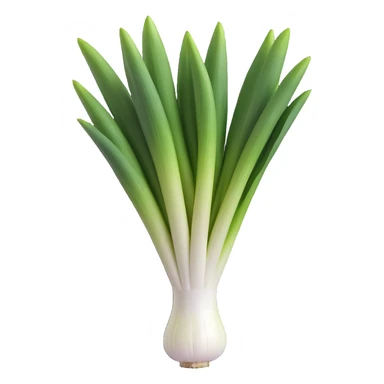 whole fresh leek with long white stalk transitioning to vibrant green leaves, slightly curved shape, layered leaf structure at the top, cleanly trimmed roots at the base, smooth matte surface, subtle color gradient from base to tip, no dirt, clean 3D rendering, soft lighting, emoji scale sticker