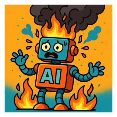 vibrant cartoon style robot labeled 'AI' overheating with flames and smoke coming out sticker