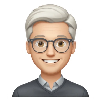 30 yr old pale white man, white/grey side swept stylish hair, round glasses, big smile, white teeth, handsome, longer hair, thin glasses,  smooth forehead, open collar, trendy sticker