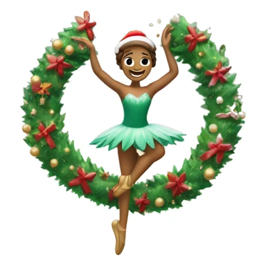 A cartoon Christmas wreath with long arms and legs is dancing ballet in the snow sticker