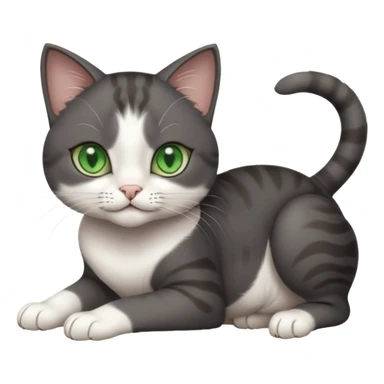 beautiful female solid dark grey cat with green eyes, white toes/paws and white patch on her chest rolling over sticker