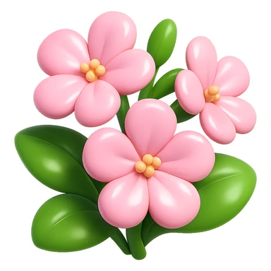 Create 3D iOS-style cartoon soapwort (Saponaria) flowers with extra volumetric and rounded shapes, exaggerated cute pale pink petals, big green leaves, playful proportions, soft lighting, and a glossy effect. No background, no face or smile. Render in GPT Image style to capture the intended look. sticker