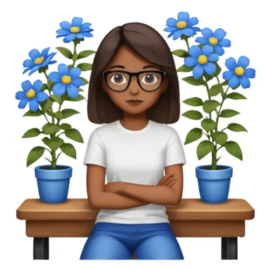 Créame una chica morena de pelo más o menos por los hombros con granitos en la cara y unas gafas negras, que esté sentado en una silla de bar con una camisa blanca con florecitas azules sticker