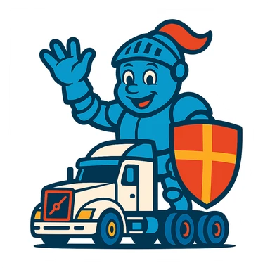 Make Casper the knight smaller, about the same size as the white semi truck, vibrant toon style, keep transparent background. sticker