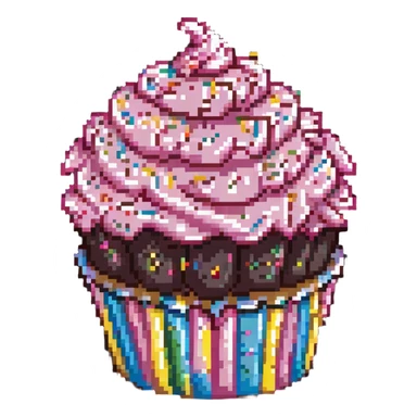 giant cupcake with pink icing and colorful sprinkles in pixel art style sticker