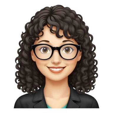 nữ 35 tuổi, da trắng, tóc dài xoăn, tóc mái 1/3, đeo kính đen, cười tươi, có chút nếp nhăn sticker