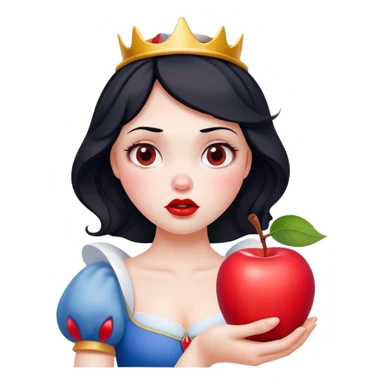 Cinematic Funny Snow White Portrait Emoji, Holding an apple with a suspicious expression, one eyebrow raised, lips pursed as if questioning her life choices, a hilariously relatable fairy tale moment! sticker