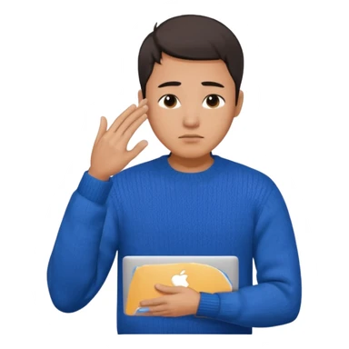 a asian handsome guy wearing a blue knit with white shirt, facepalming with only one hand, with a macbook, only upper body, high quality sticker
