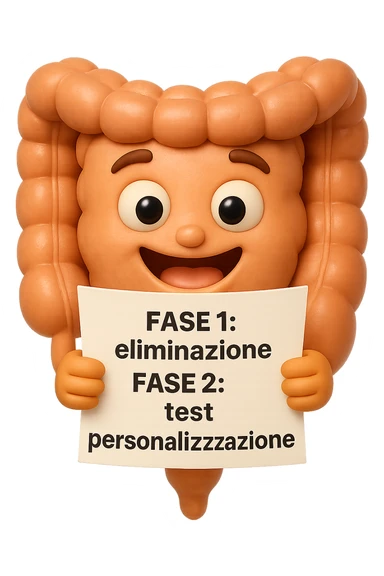emoji stile iphone 3d di un intestino che tiene in mano un foglio con la scritta "FASE 1: eliminazione, FASE 2: test, FASE 3: personalizzazione, IPERREALISTICO 4K sticker