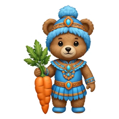 teddy bear, wearing blue mayan ancient custome, with carrot sticker