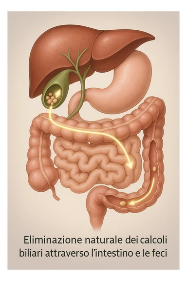 A realistic, educational medical illustration showing the human digestive tract focusing on the liver, gallbladder, bile ducts, and intestines. The gallbladder is depicted with small gallstones inside. A soft glowing arrow indicates the flow of bile and small stones moving naturally from the gallbladder through the bile ducts into the intestines. In the colon, small softened gallstones are shown being prepared for elimination, symbolizing their removal through bowel movements. The style is clean, precise, and clear with soft anatomical colors (greens, soft reds, and yellows) and faint glowing arrows to illustrate the process. The background is a subtle neutral gradient to keep the focus on the organs and the pathway. The image conveys the concept of natural gallstone elimination through the intestines via the stool in a clear, non-graphic, and educational way in italiano sticker