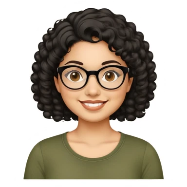 Latina in her early 30s with light tan complexion. Round face with prominent cheeks. Smiling with visible dimples. Dark eyes with black-framed glasses. Short defined curly black hair. Wearing a casual olive green top. sticker