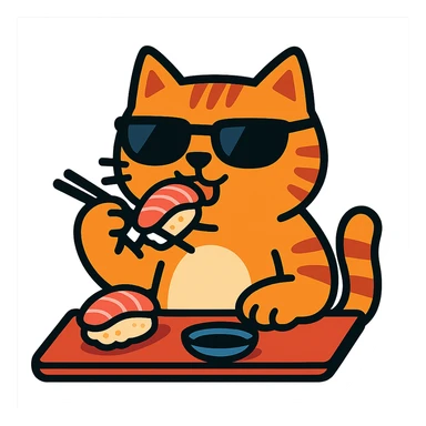 cat in sunglasses eating sushi sticker