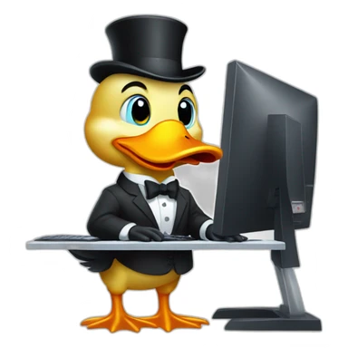 A Duffy Duck (like the one in the cartoon), dressed in a formal suit, using a computer to trade stocks with many monitors sticker