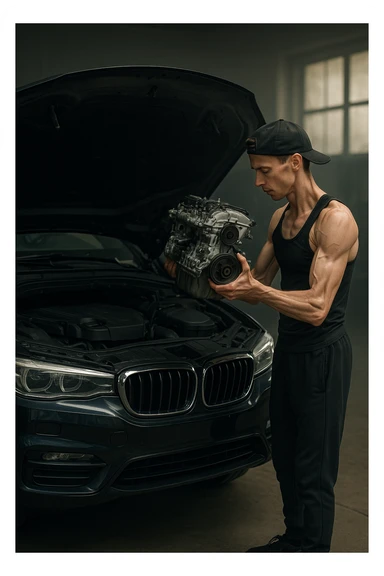 a lean, slimmed-down bodybuilder in gym clothes stands beside a large, imposing car (like an SUV or luxury sedan) with the hood open. Con attenzione e un po’ di fatica, solleva e installa un piccolo motore nel grande vano motore dell’auto. Il contrasto tra la stazza dell’auto e la dimensione ridotta sia del motore che del bodybuilder è evidente. L’atmosfera è riflessiva e simbolica. sticker