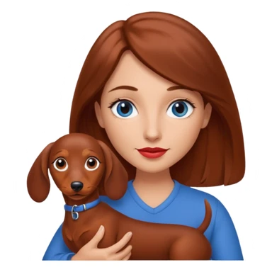 White woman with medium length brown hair and blue eyes holding a red dashound sticker