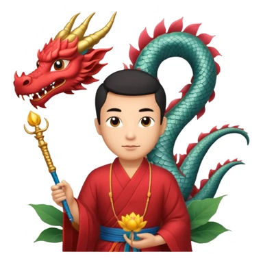man with asian dragon, scepter, buddhism, lotus sticker