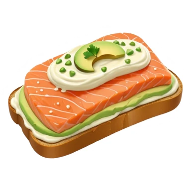 salmon open toast with white sauce and avocado sticker