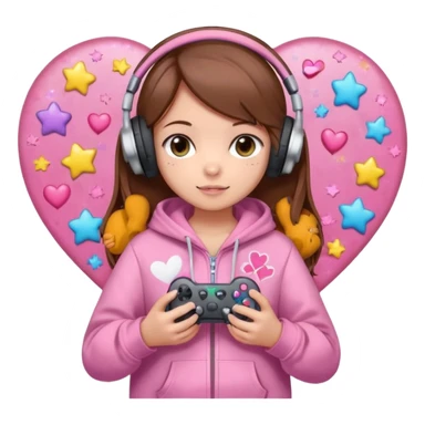 A brown-haired cartoon girl in a pink sparkly hoodie with headphones on, holding a game controller, surrounded by hearts, stars, and a puppy and kitten cuddling at her feet in chibi style  sticker