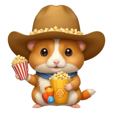 orange hamster holding pop corn, with cowboy hat sticker