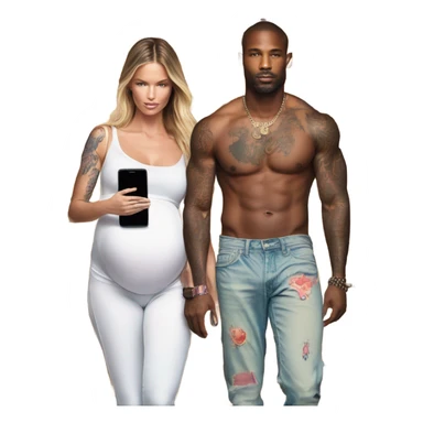 Photo of a Victoria secret model pregnant walking next to a tattooed male model on their cell phones sticker