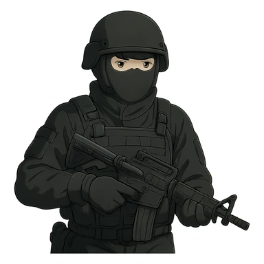 ghibli style armed figure in all-black military clothing, shiesty mask, and helmet sticker