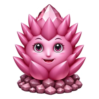 A single cute pink crystal cluster character, chunky round base with many tall rose-pink crystal spikes growing upward like a quartz cluster, faceted and slightly imperfect, on the front of the base a kawaii face with big shiny eyes and a happy open smile sticker