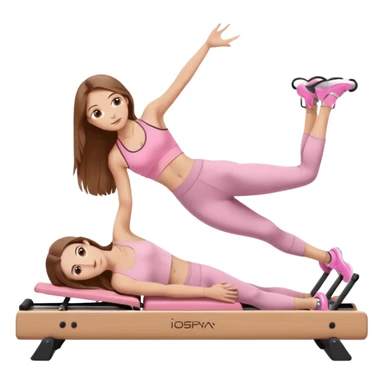 pretty caucasian teen with hazel eyes long brown hair wearing light pink workout clothes doing a plank on a pilates reformer sticker