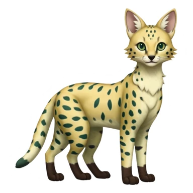 Epic complex detailed dark-hunter-green dark-brown beige pastel realistic aesthetic-scenic-Fakémon-Sprigatito-Floragato-Meowscarada-Trico-Sergal-Serval-Vernid-creature (full body) sticker