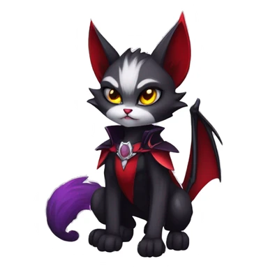 Anthro-Cute-Edgy-Cool-Vampiric-Batty-Cat-Black-Purple-Red-Grey-White-Yellow-Contrast-Colors-Fantasy-Fur-Sona-Chibi-Shiny-Fakémon-Hybrid with horns and fangs and collar full body sticker